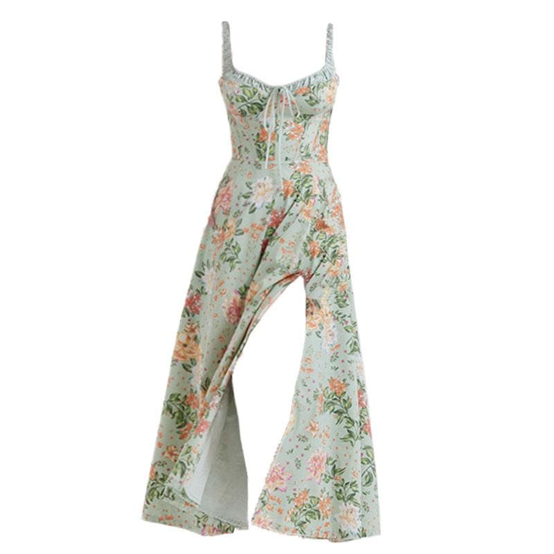 Flower print ruched self tie sleeveless contrast slit zip-up midi dress