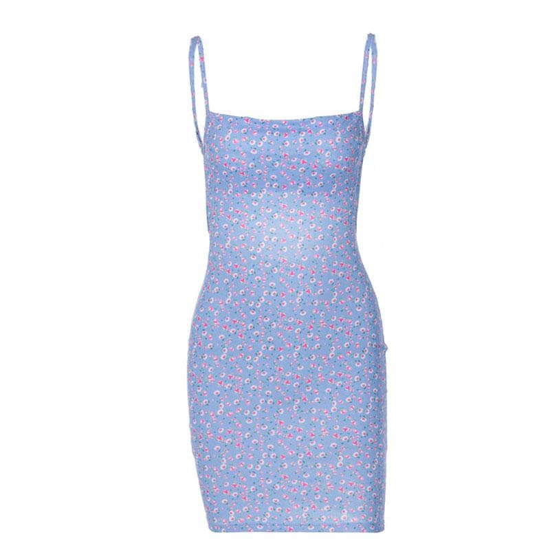 Flower print square neck backless contrast mini dress
