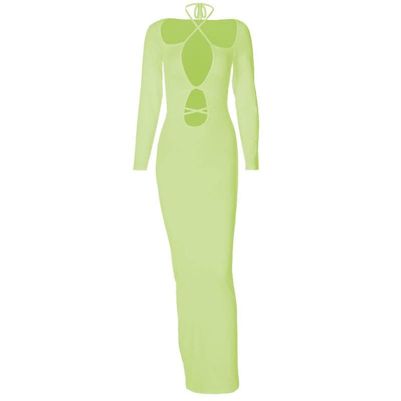 Hollow out self tie solid long sleeve cross front maxi dress