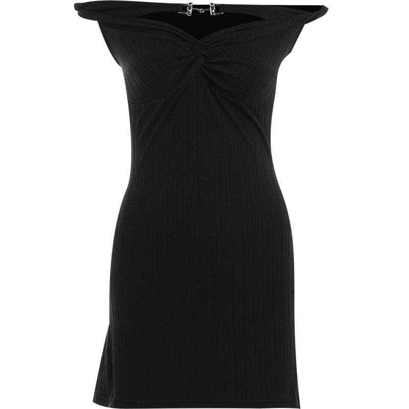 Textured off shoulder metal chain knotted mini dress