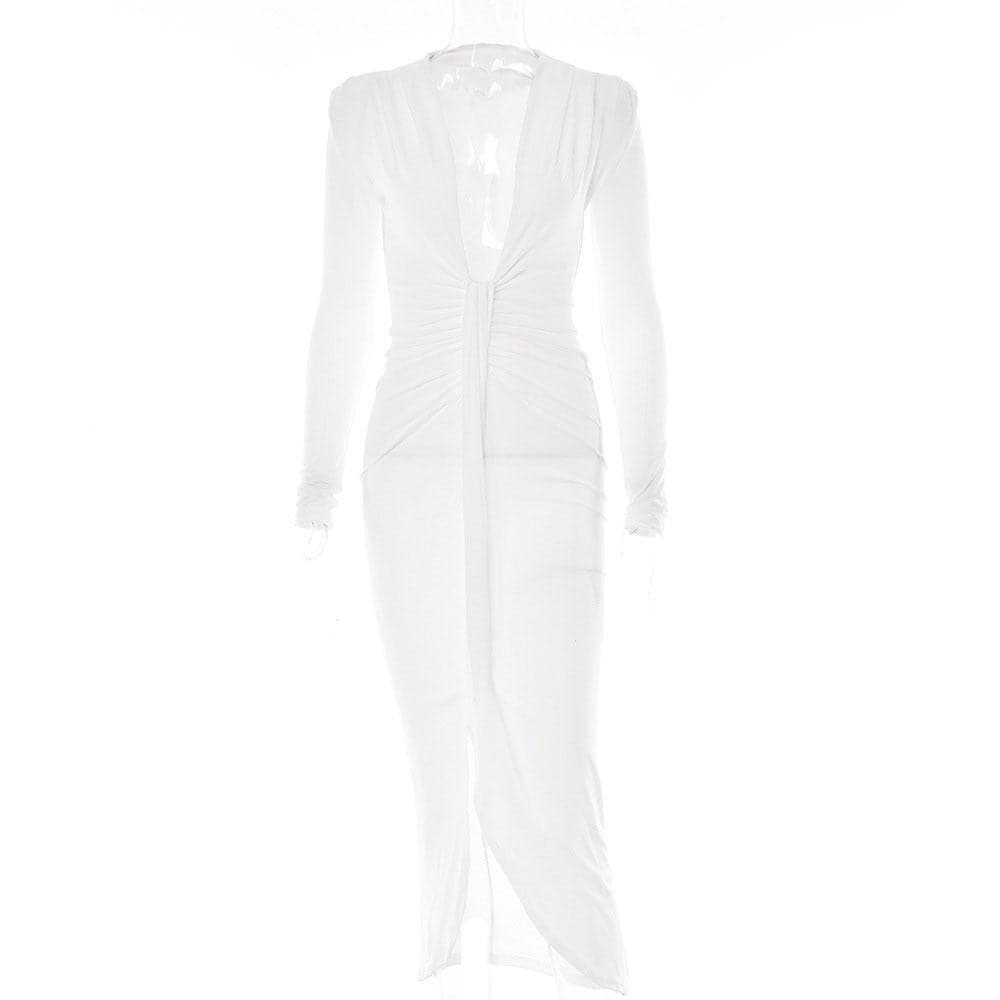 Long sleeve v neck solid ruched slit midi dress