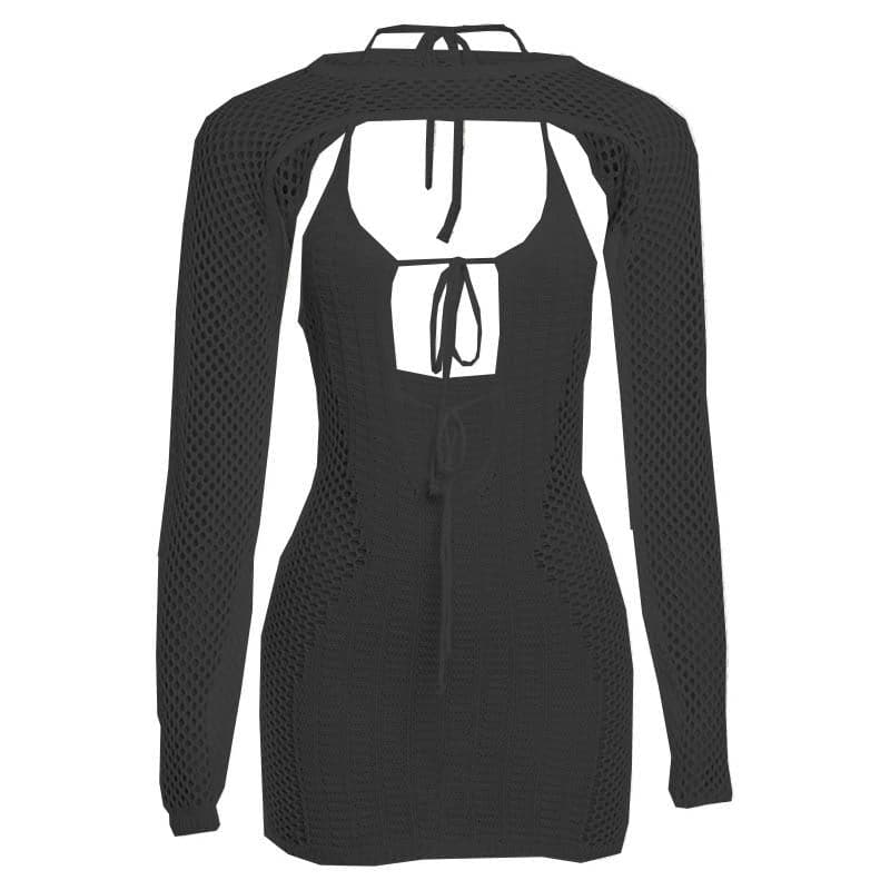 Fishnet hollow out solid long sleeve backless shrug mini dress