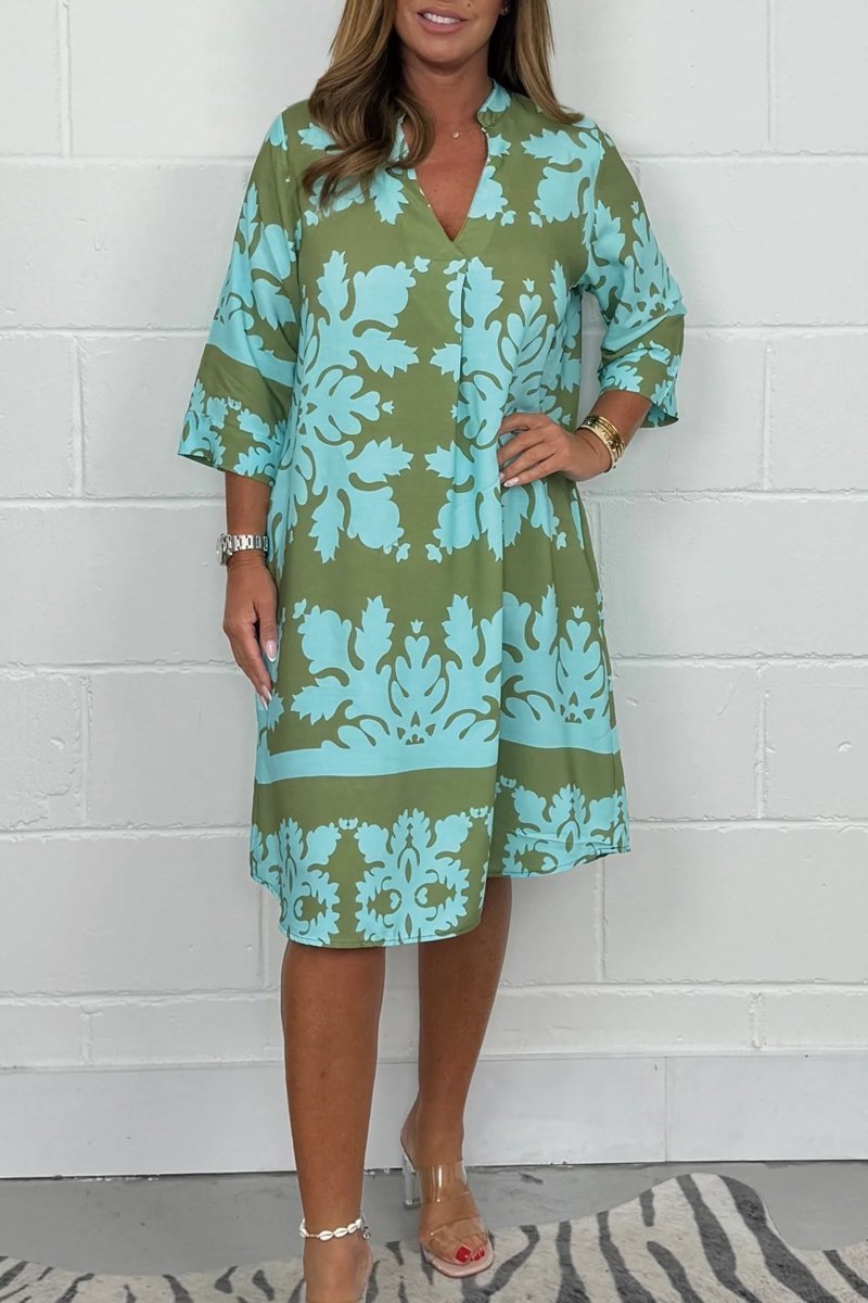 Notch Neck Baroque Damask Print Half Sleeve Loose Shift Midi Dress