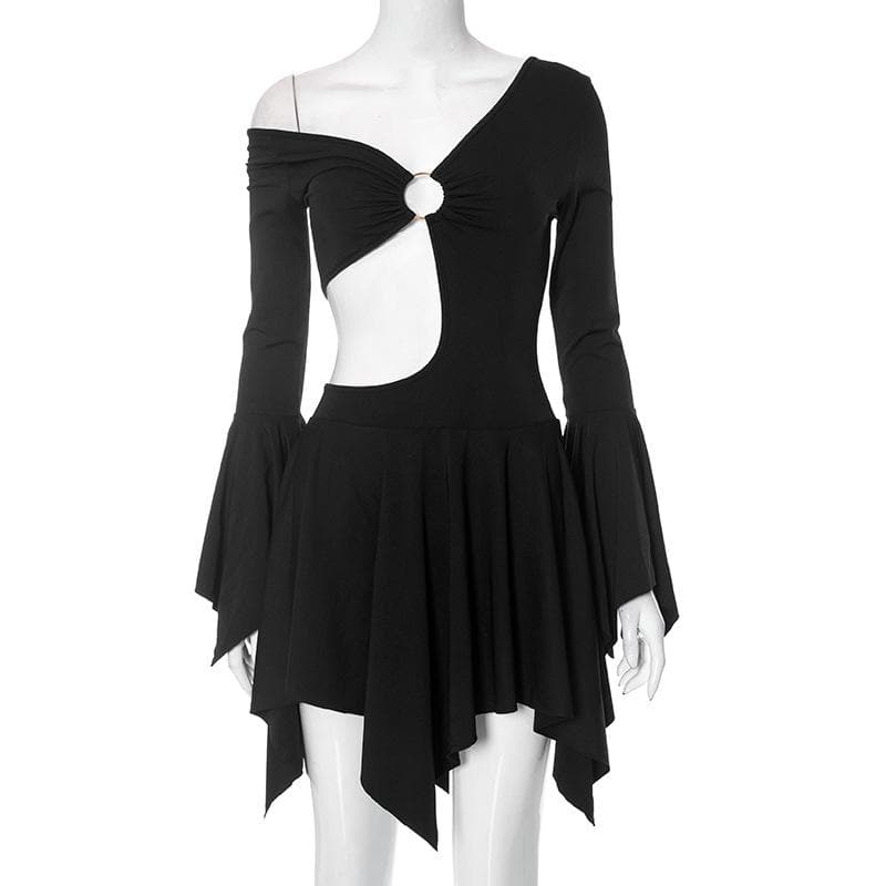 Long flared sleeve irregular solid ruffle o ring hollow out mini dress