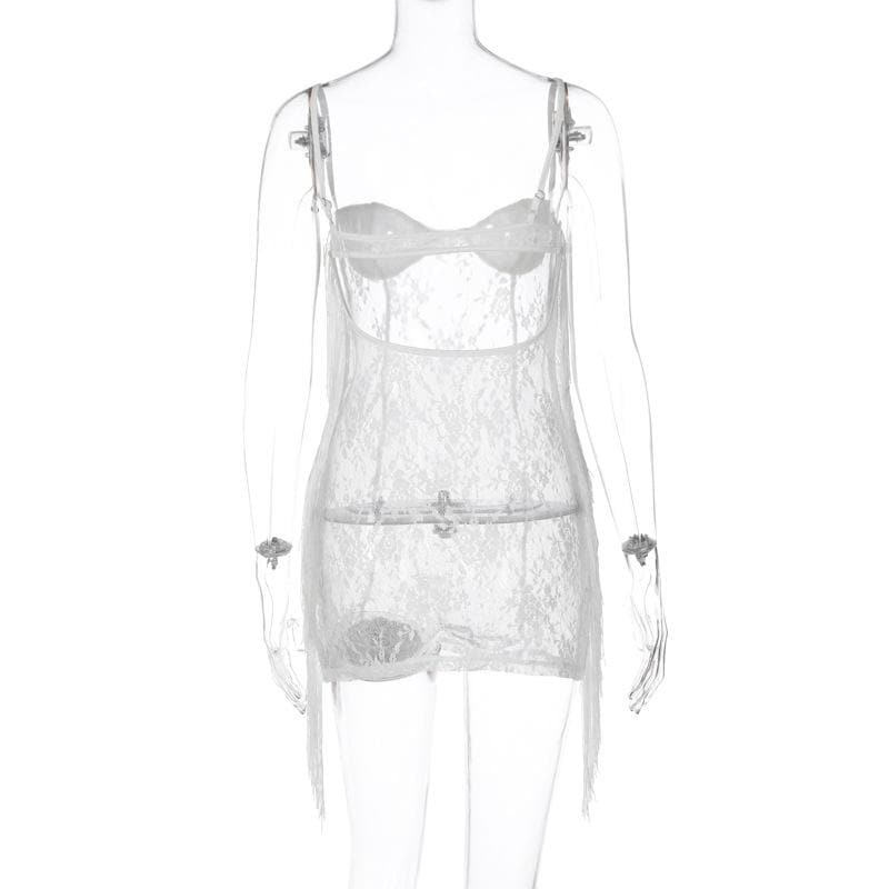 Tassels low cut see through lace solid backless cami mini dress