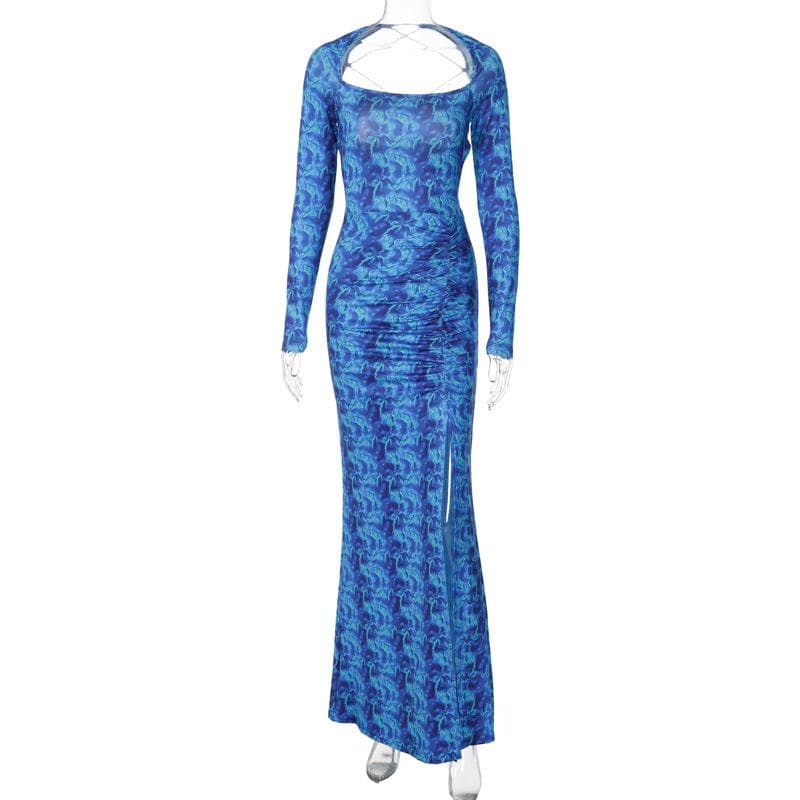 Lace up backless long sleeve slit ruched contrast print maxi dress