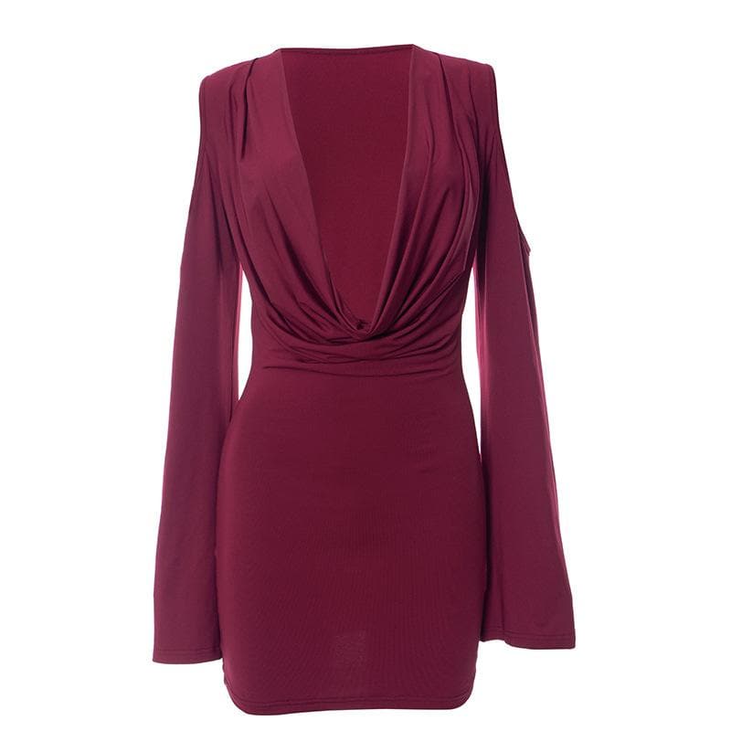 Long flared sleeve off shoulder cowl neck ruched solid mini dress