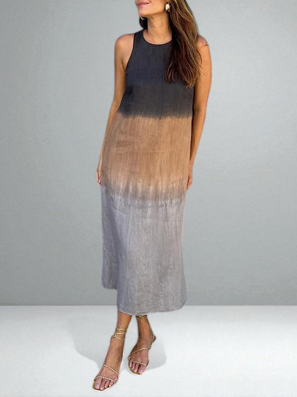 Round Neck Ombre Tie-Dye Sleeveless Straight Linen Maxi Dress 2