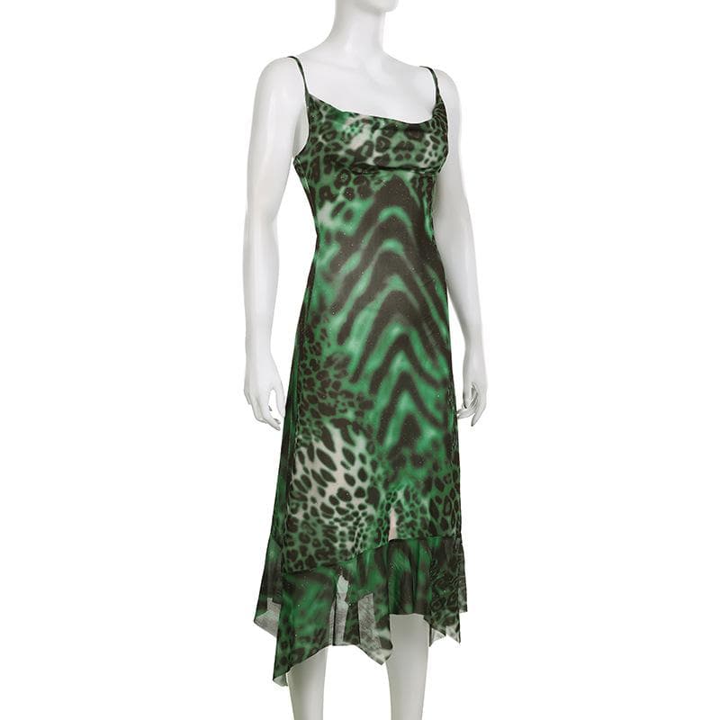 Leopard print cowl neck contrast ruffle backless mesh maxi dress