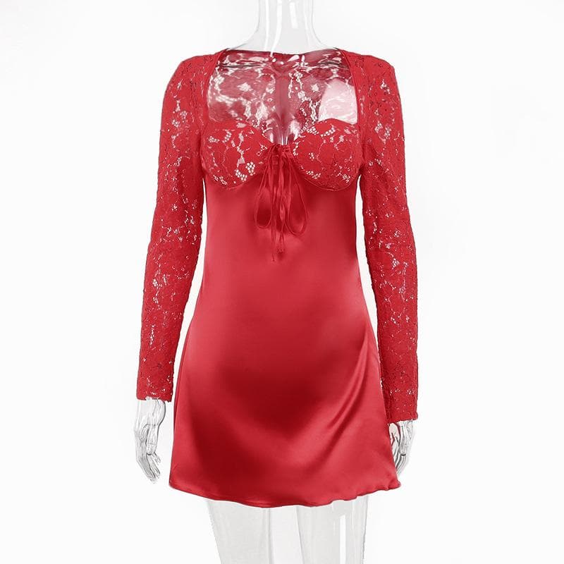 Lace zip-up long sleeve patchwork padded mini dress
