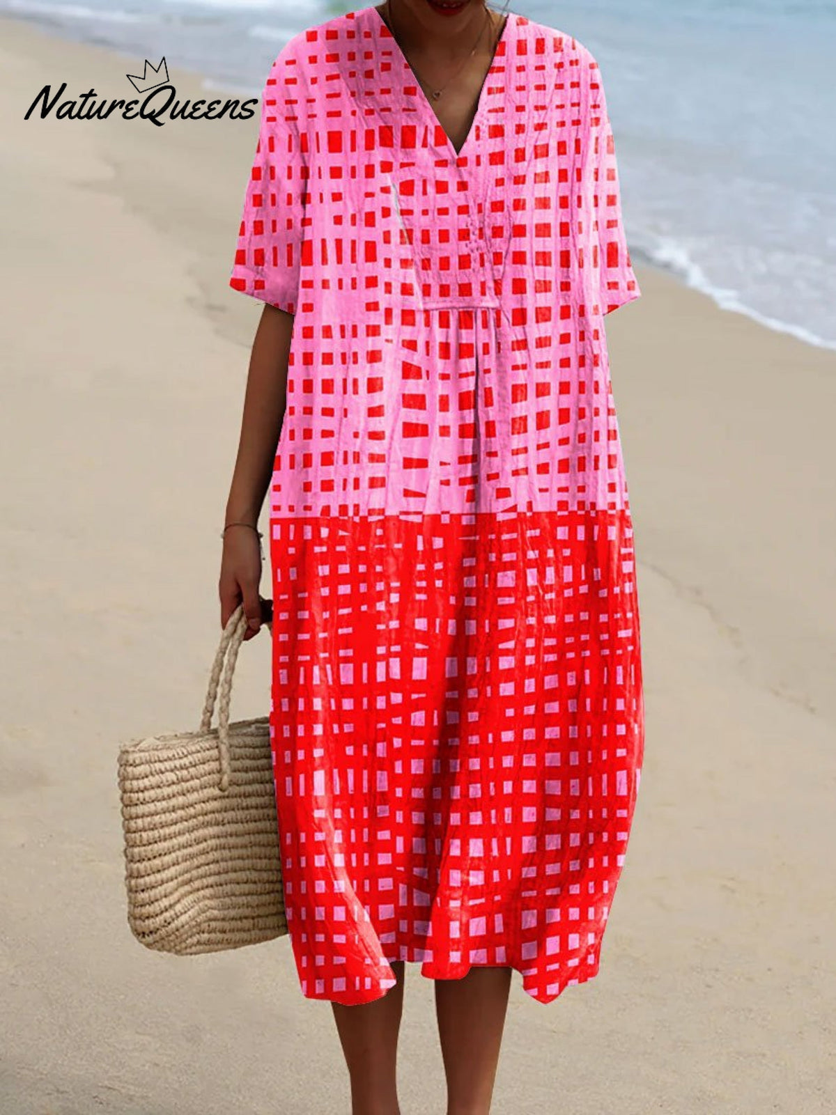 V-Neck Checked Colorblock Print Short Sleeve Pleated Shift Midi Dress
