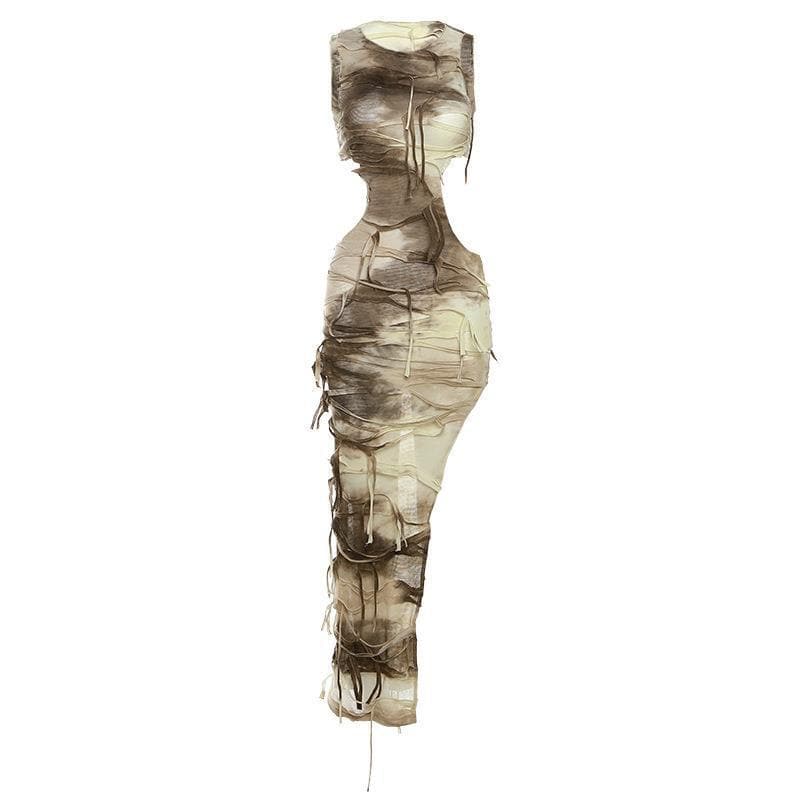 Sleeveless textured tie dye hollow out irregular slit maxi dress