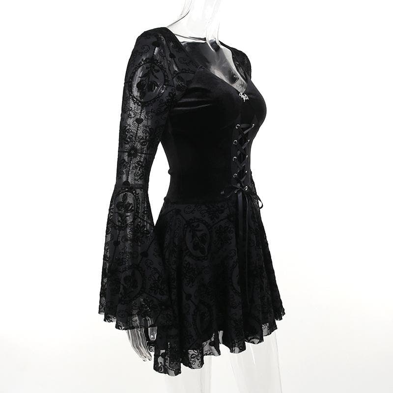 Flared sleeve velvet lace up solid patchwork mini dress