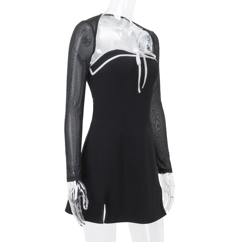 Long sleeve bowknot mesh shrug slit zip-up glitter 2 piece mini dress