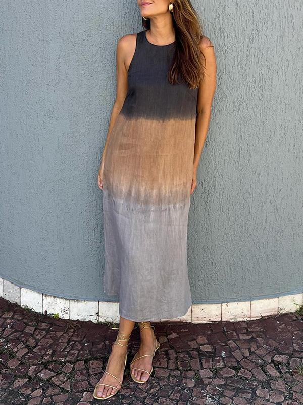 Melanie Minimalist Sleeveless Cotton and Linen Long Dress with Slit and Gradient Tie Dye Boutique Collection