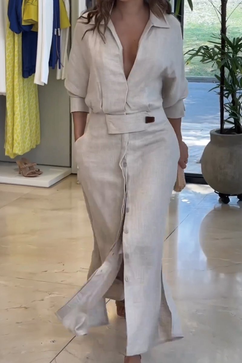 Collared Linen Button-Front Long Sleeve Belted Maxi Shirt Dress