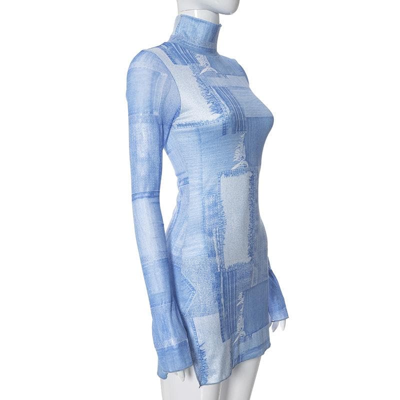 Slit long sleeve high neck denim print contrast mini dress