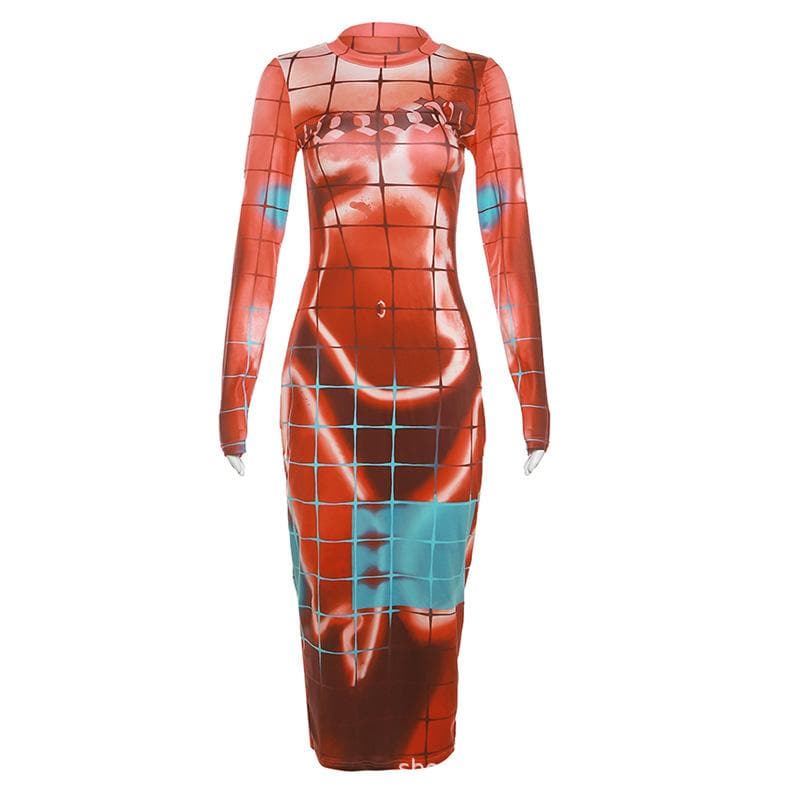 Plaid contrast body print long sleeve crewneck midi dress