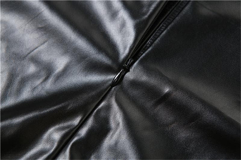Slit PU leather contrast patchwork halter backless mini dress