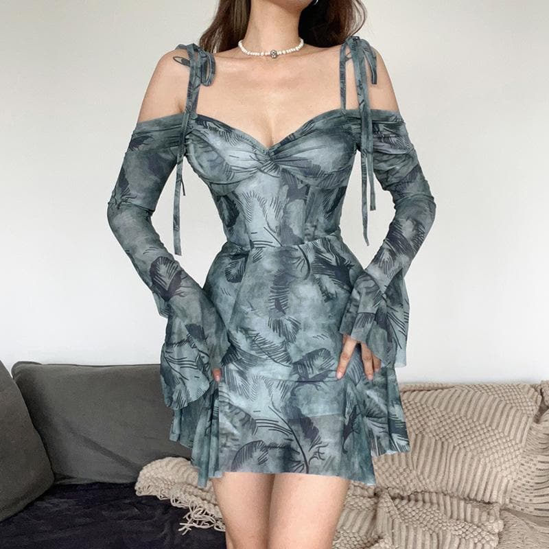 Long sleeve tie dye off shoulder ruched sweetheart neck self tie backless mini dress