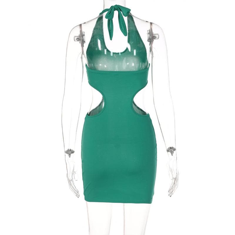 Sleeveless solid v neck halter self tie backless hollow out mini dress