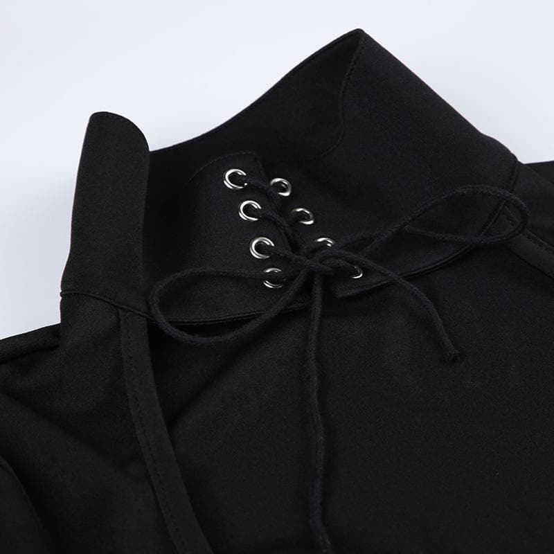 Lace up hollow out solid long sleeve maxi dress