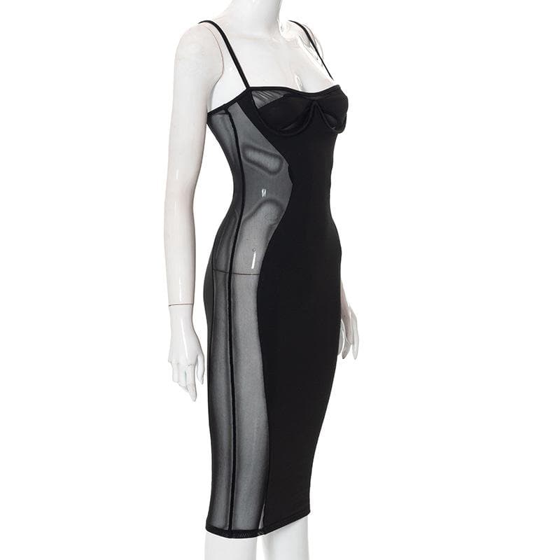 Low Cut Mesh See Through Patchwork Cami midi Dress