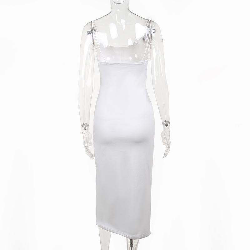 Ruched flower applique solid slit irregular backless midi dress