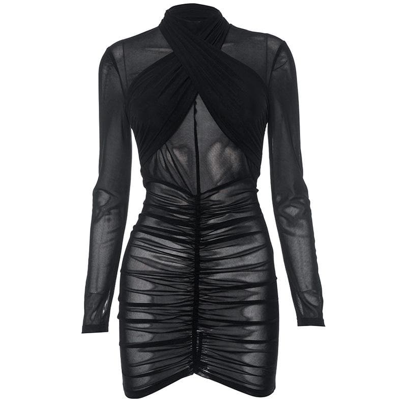 Ruched long sleeve cross front sheer mesh see through mini dress