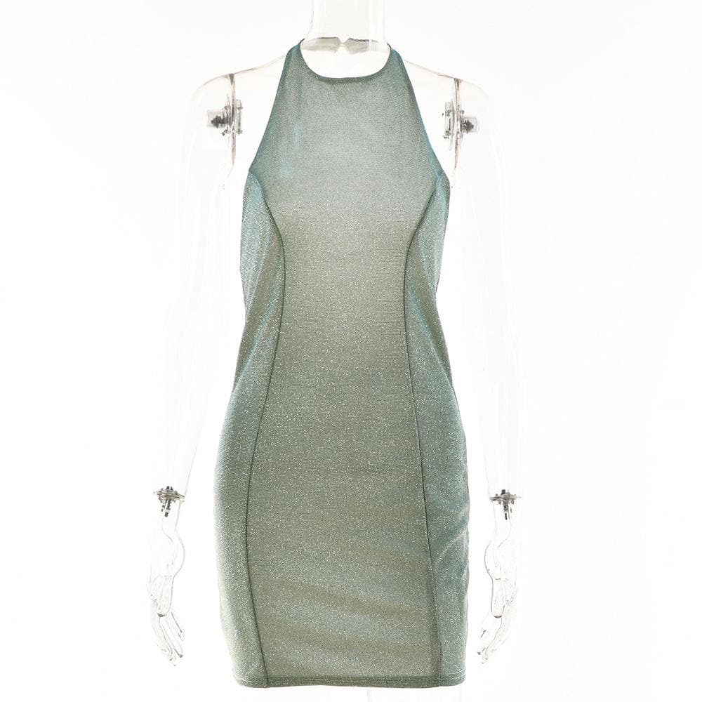 Halter off shoulder backless zip-up solid mini dress