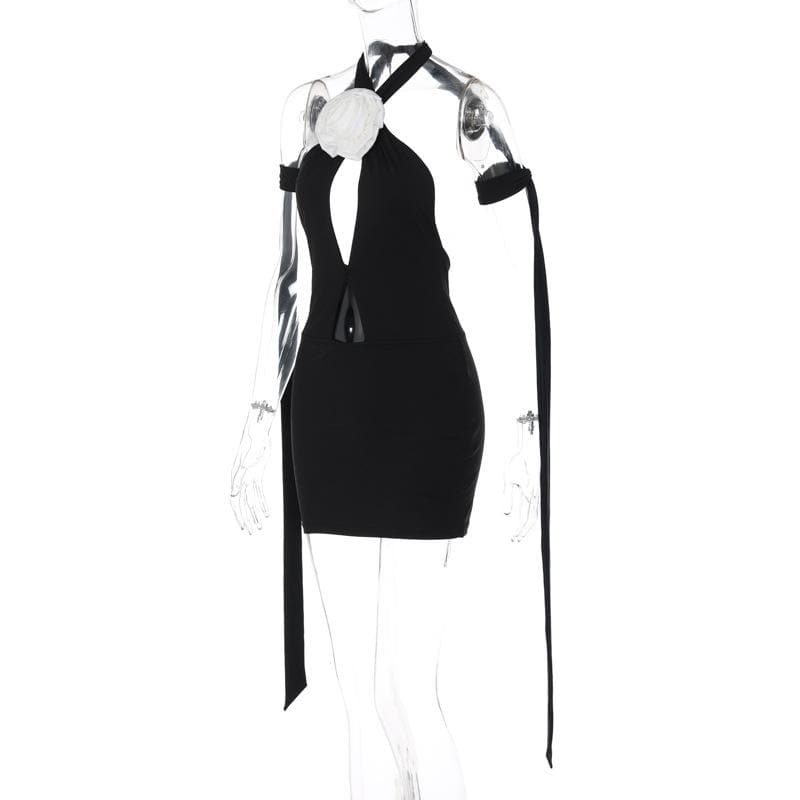 Flower applique contrast self tie halter backless hollow out mini dress
