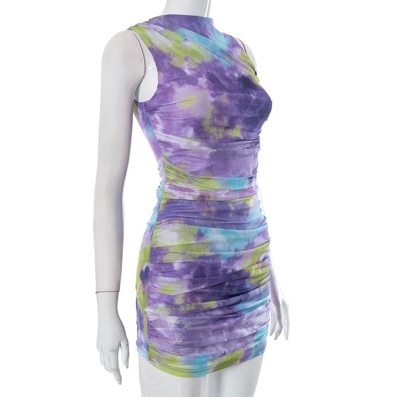 Ruched tie dye sleeveless crewneck mesh mini dress - Final Sale