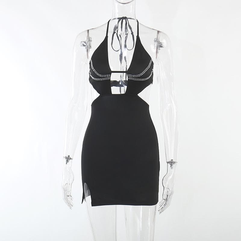 Beaded solid halter backless hollow out slit mini dress