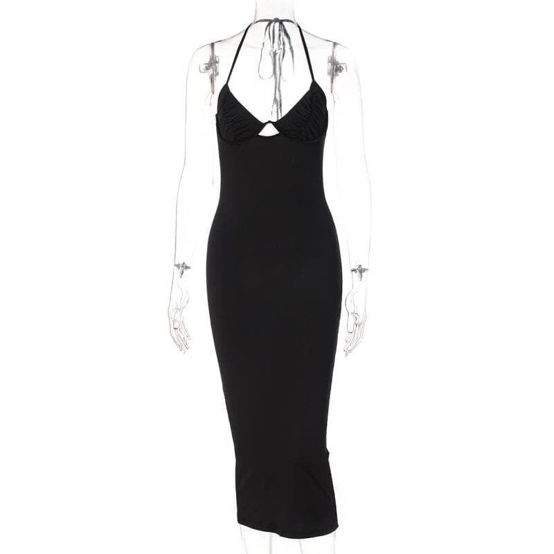 Sleeveless solid hollow out slit self tie backless midi dress