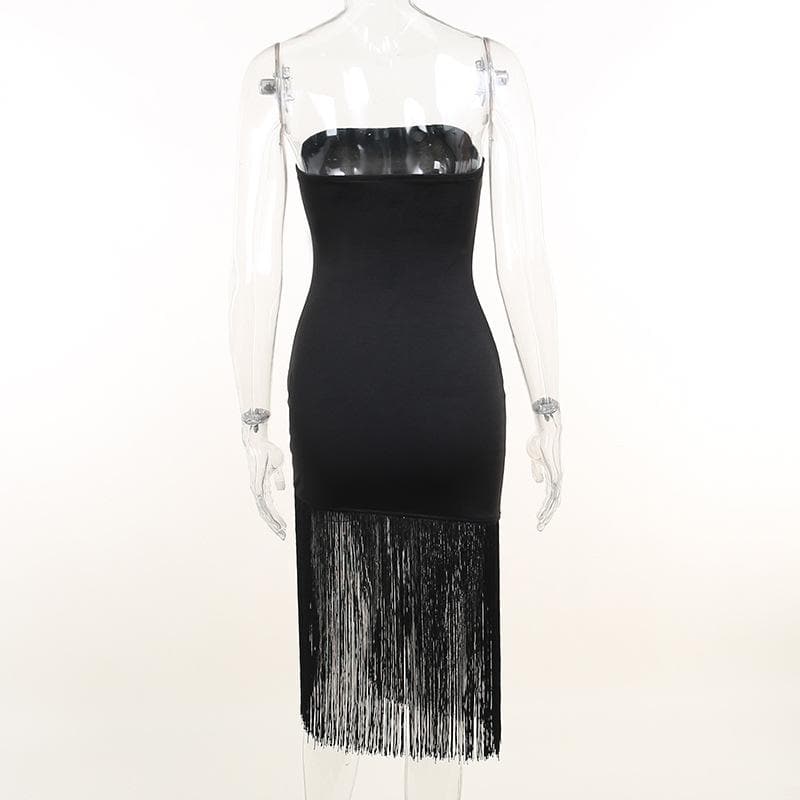 Sleeveless solid backless tassel tube dress
