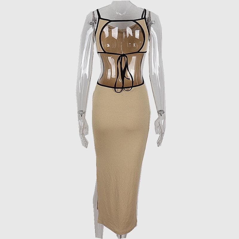 Ribbed contrast hollow out self tie backless slit cami midi dress