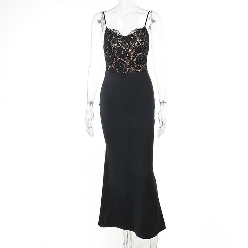 Lace patchwork v neck backless cami maxi dress