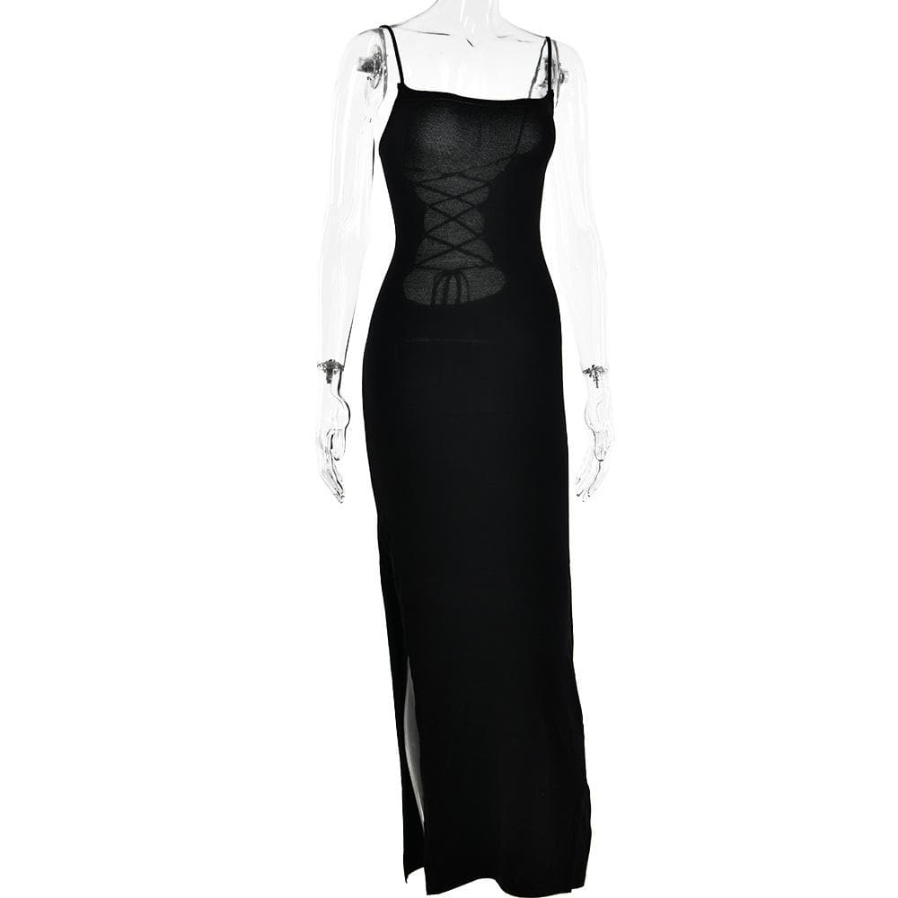 Lace up square neck slit solid backless cami maxi dress