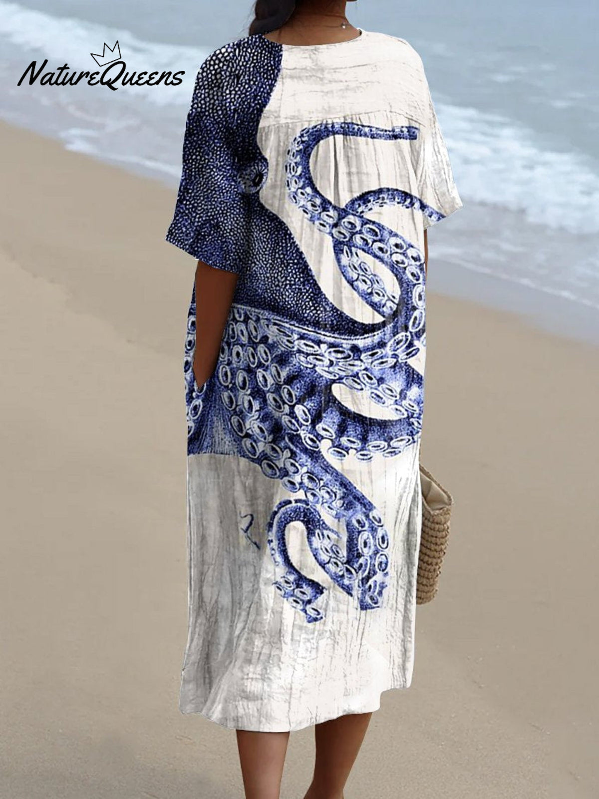V-Neck Octopus Print Short Sleeve Shift Midi Dress