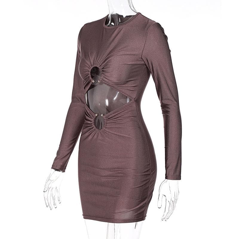 Long sleeve solid ruched o ring hollow out mini dress