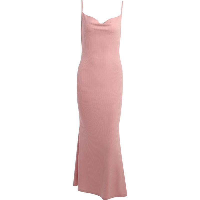 Sleeveless solid ribbed cowl neck backless ruffle maxi dress