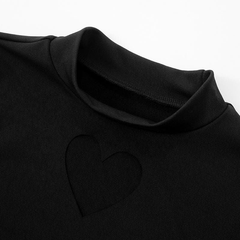 Heart hollow out long sleeve solid high neck mini dress