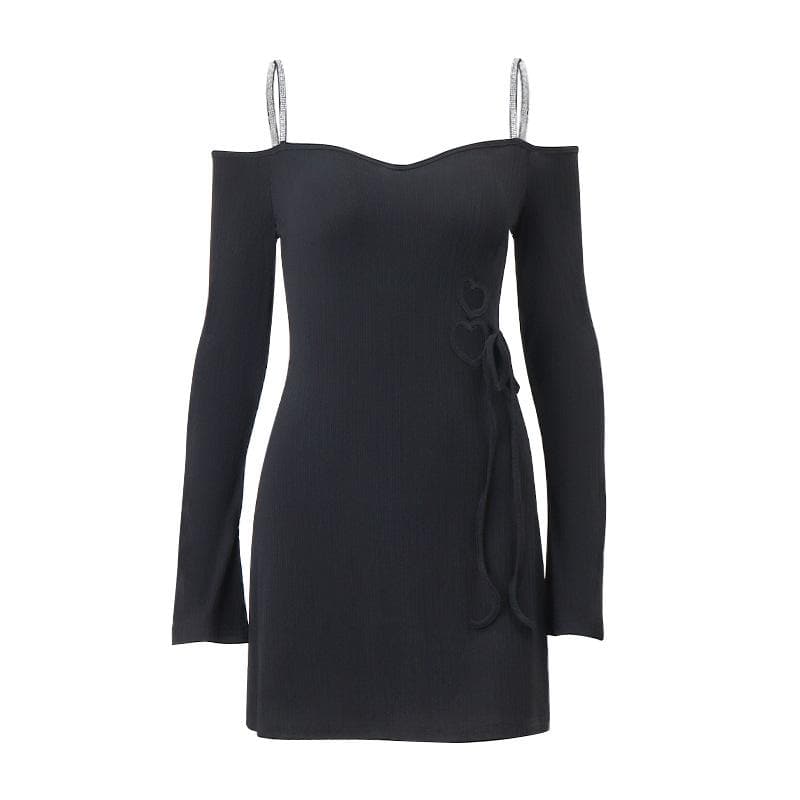 Long sleeve off shoulder textured hollow out cami mini dress - Final Sale