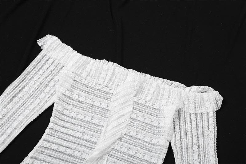 Lace see through off shoulder ruffle long sleeve solid mini dress
