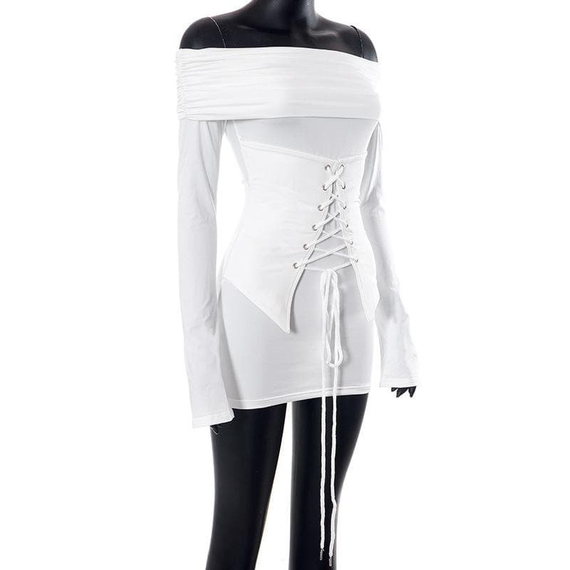 Lace up long sleeve off shoulder ruched solid mini dress