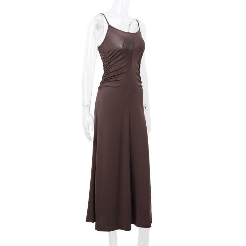 Solid ruched u neck backless cami maxi dress
