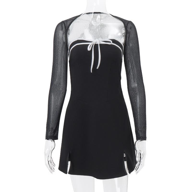 Long sleeve bowknot mesh shrug slit zip-up glitter 2 piece mini dress