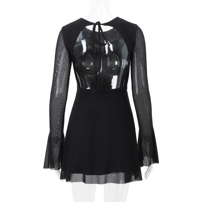 Long flared sleeve crewneck self tie mesh backless mini dress