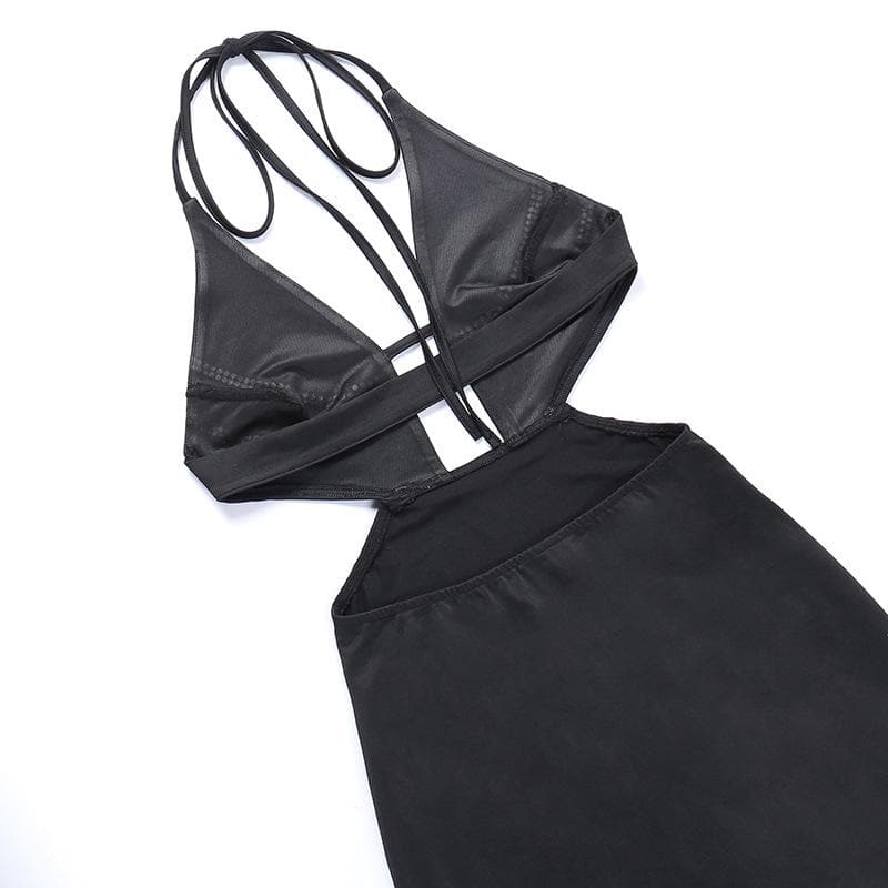 Beaded solid halter backless hollow out slit mini dress