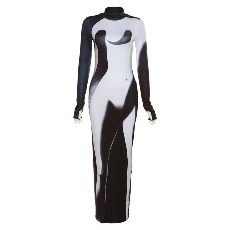 Long sleeve contrast gloves crewneck abstract midi dress